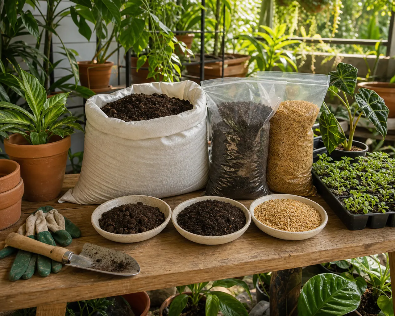 Loam soil, vermicast, and rice hull displayed with seedlings and practical gardening tools