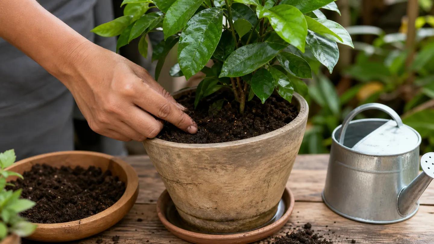 Gardener checking the moisture of soil in a healthy potted plant