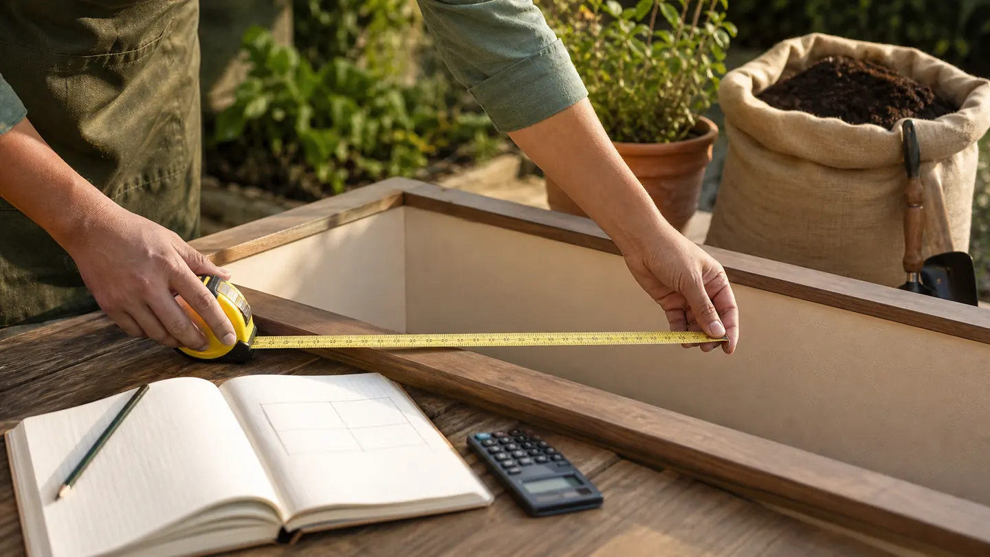 Gardener measuring a raised planter with a tape measure, notebook, and calculator