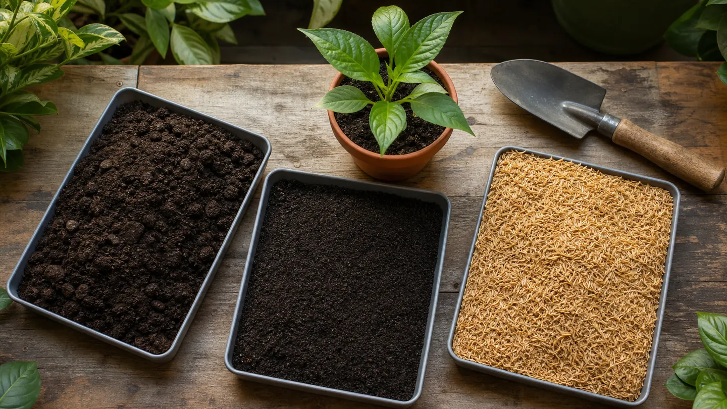 Loam soil, vermicast, and rice hull samples arranged beside a healthy potted seedling