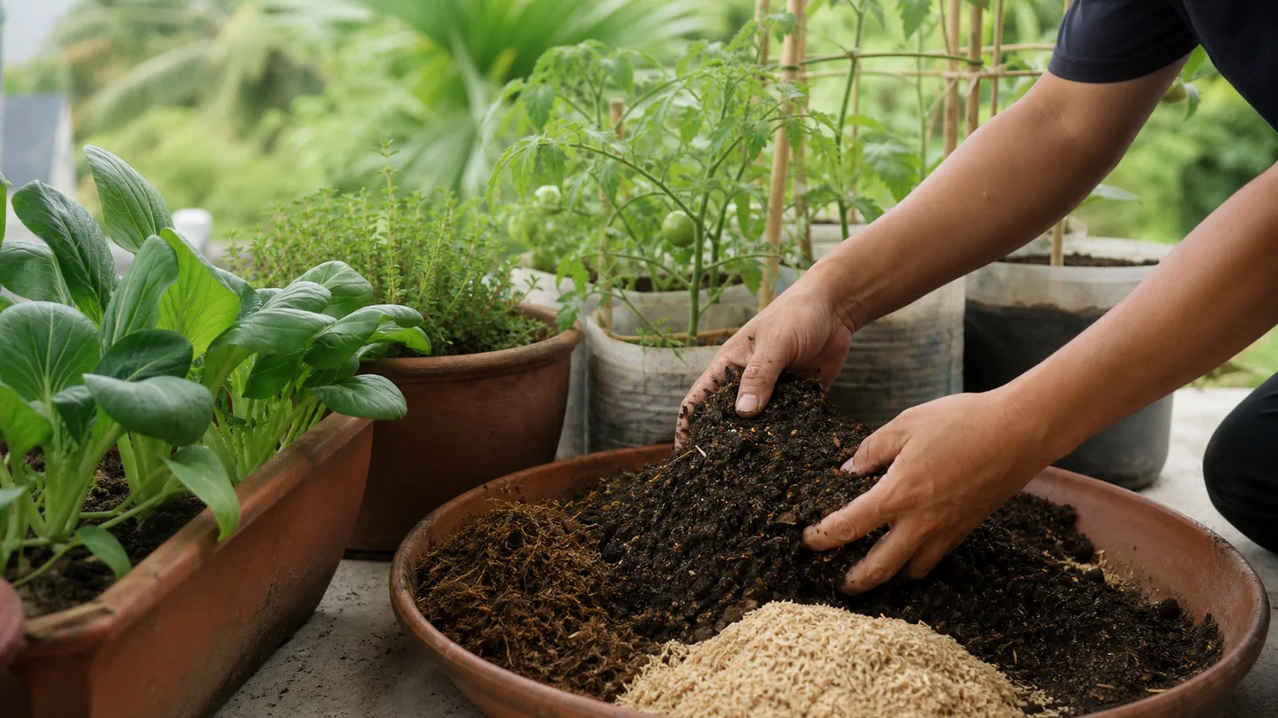 Gardener mixing dark loam and rice hull beside pechay, herbs, and tomato plants in a tropical home garden