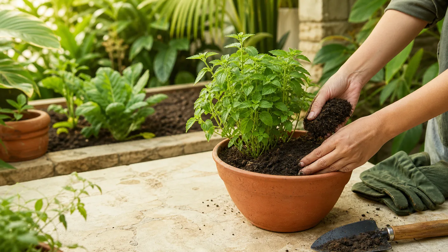 Gardener placing dark loam soil around a healthy herb in a terracotta pot beside a prepared tropical garden bed