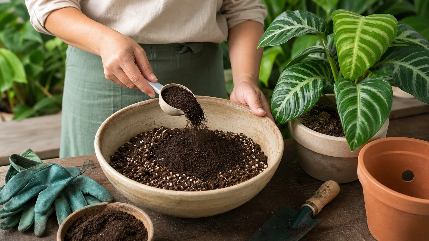 Gardener adding a measured scoop of fine vermicast to potting soil beside a healthy leafy plant
