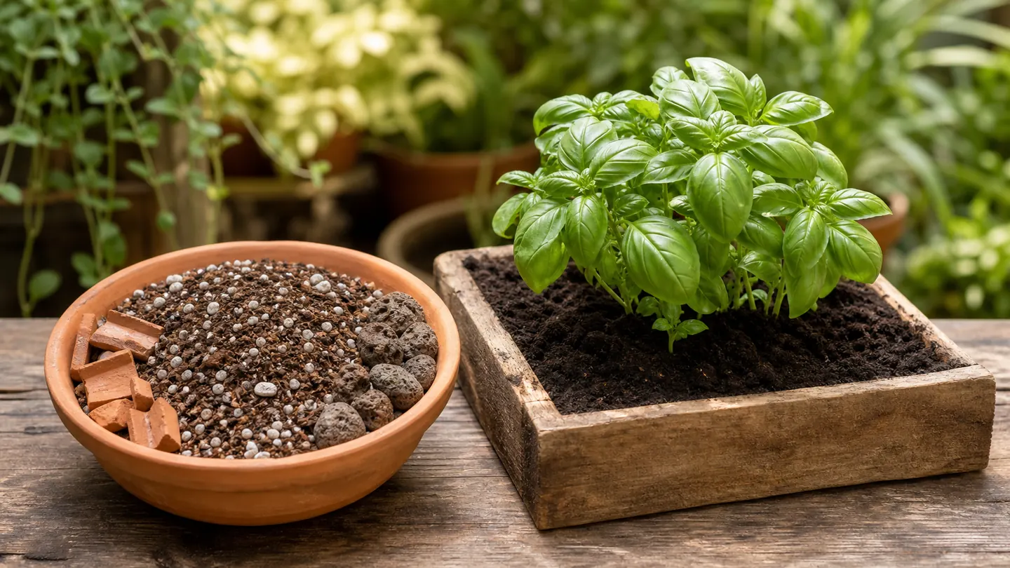 Airy container mix and dark garden soil shown side by side with healthy plants