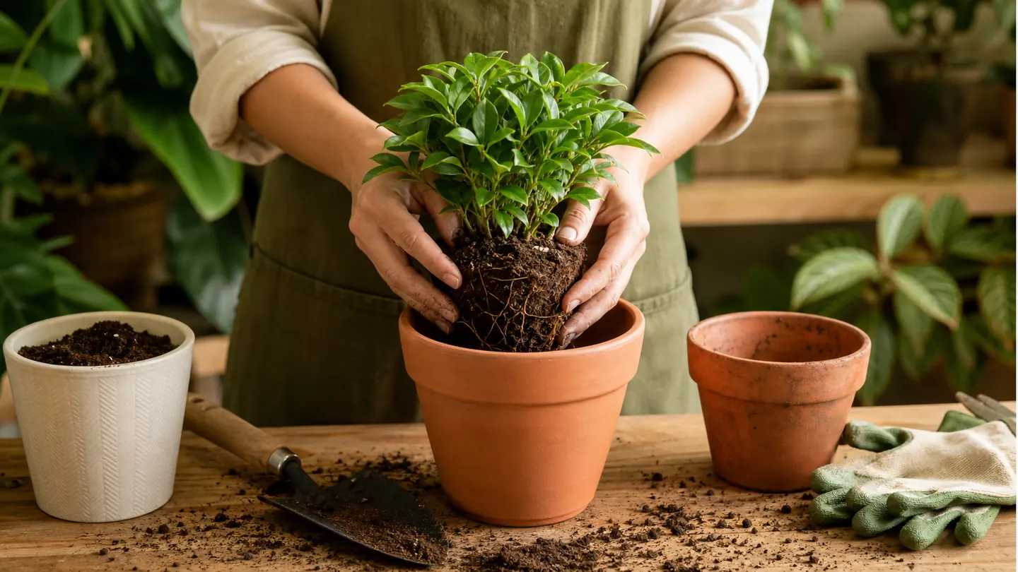 Gardener gently transferring a healthy plant into a clean terracotta pot