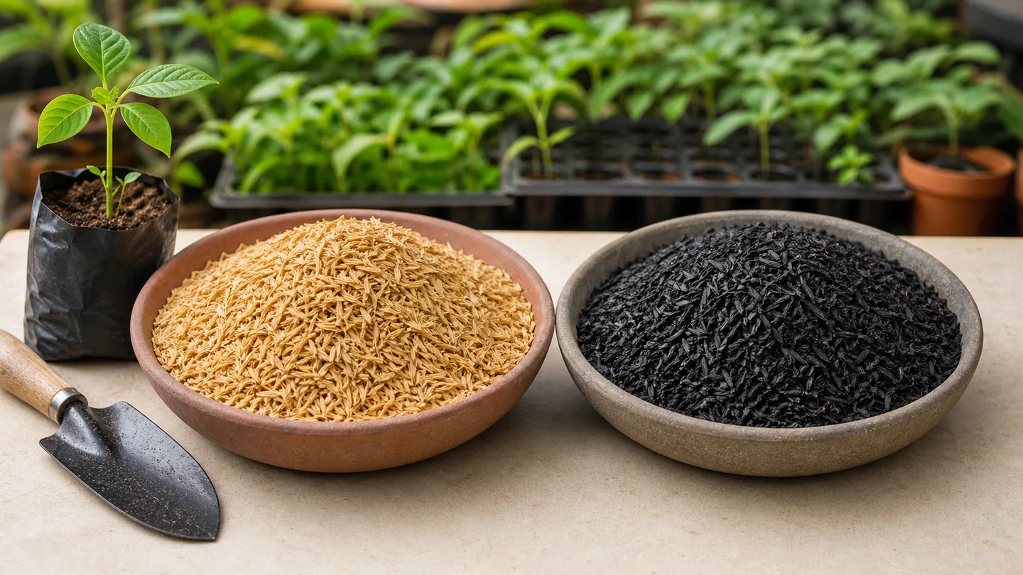 Golden natural rice hull and black carbonized rice hull displayed in separate bowls beside a seedling