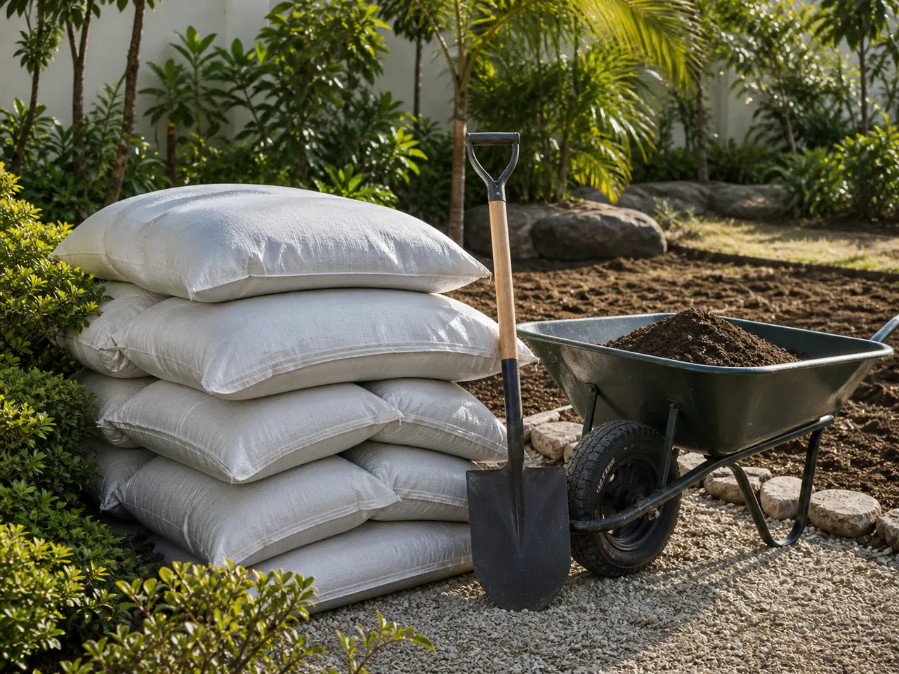 Garden soil sacks, a wheelbarrow, and a shovel prepared for a larger landscaping project