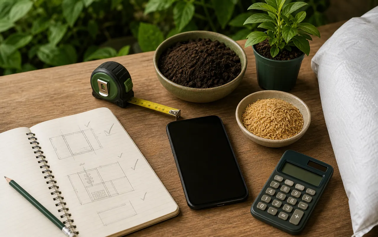 Notebook, measuring tools, soil samples, and a phone arranged for planning a garden inquiry