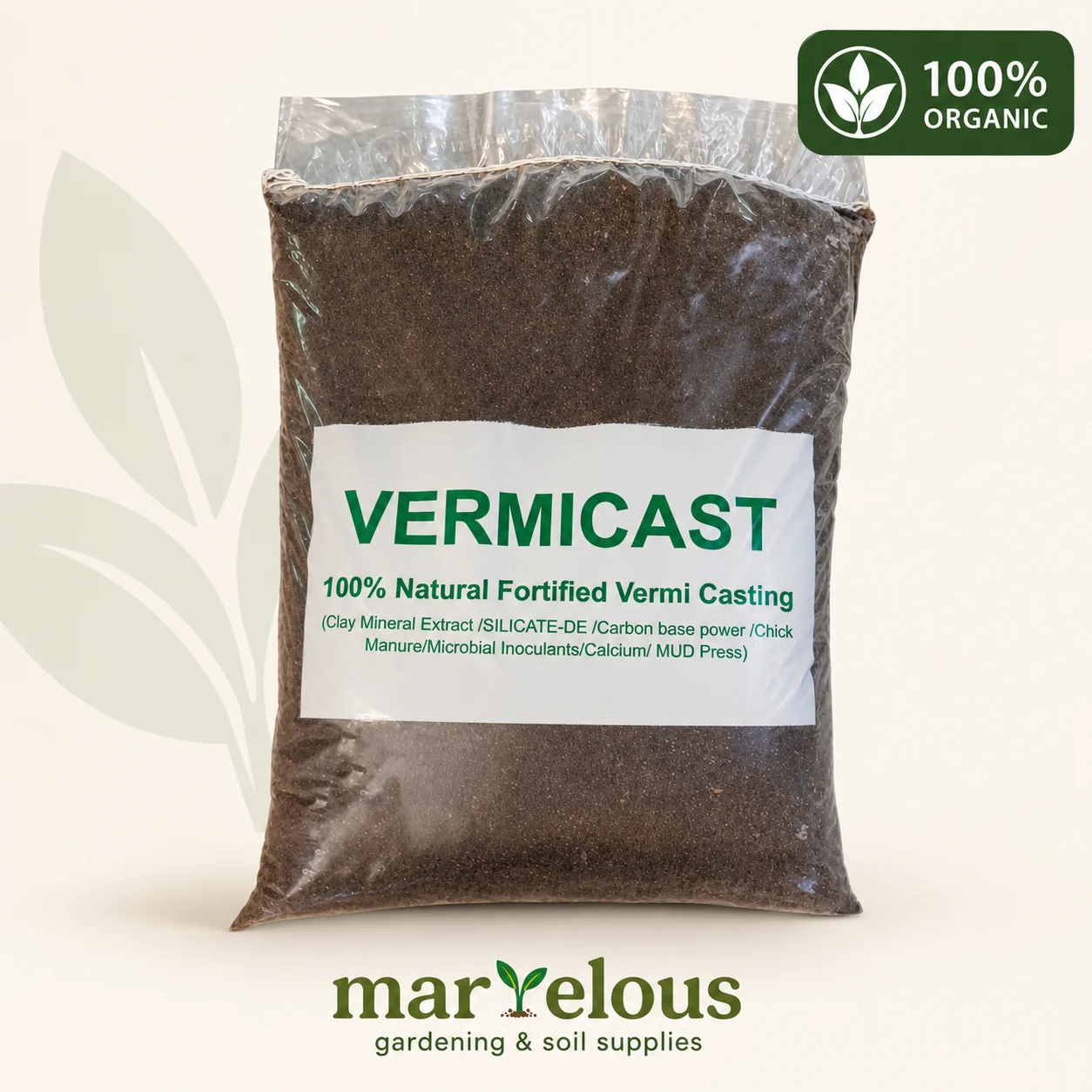 Front view of a 2 kg Marvelous Fortified Vermicast pack with the Marvelous Gardening logo