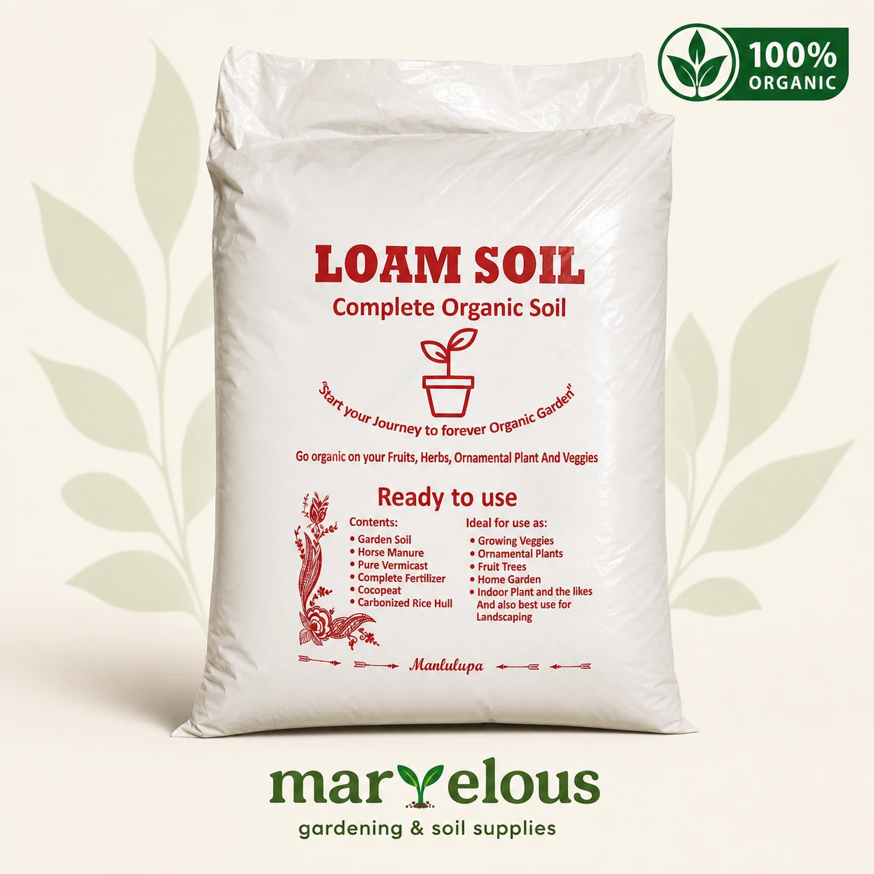 Front view of a Marvelous Loam Soil sack with the Marvelous Gardening logo