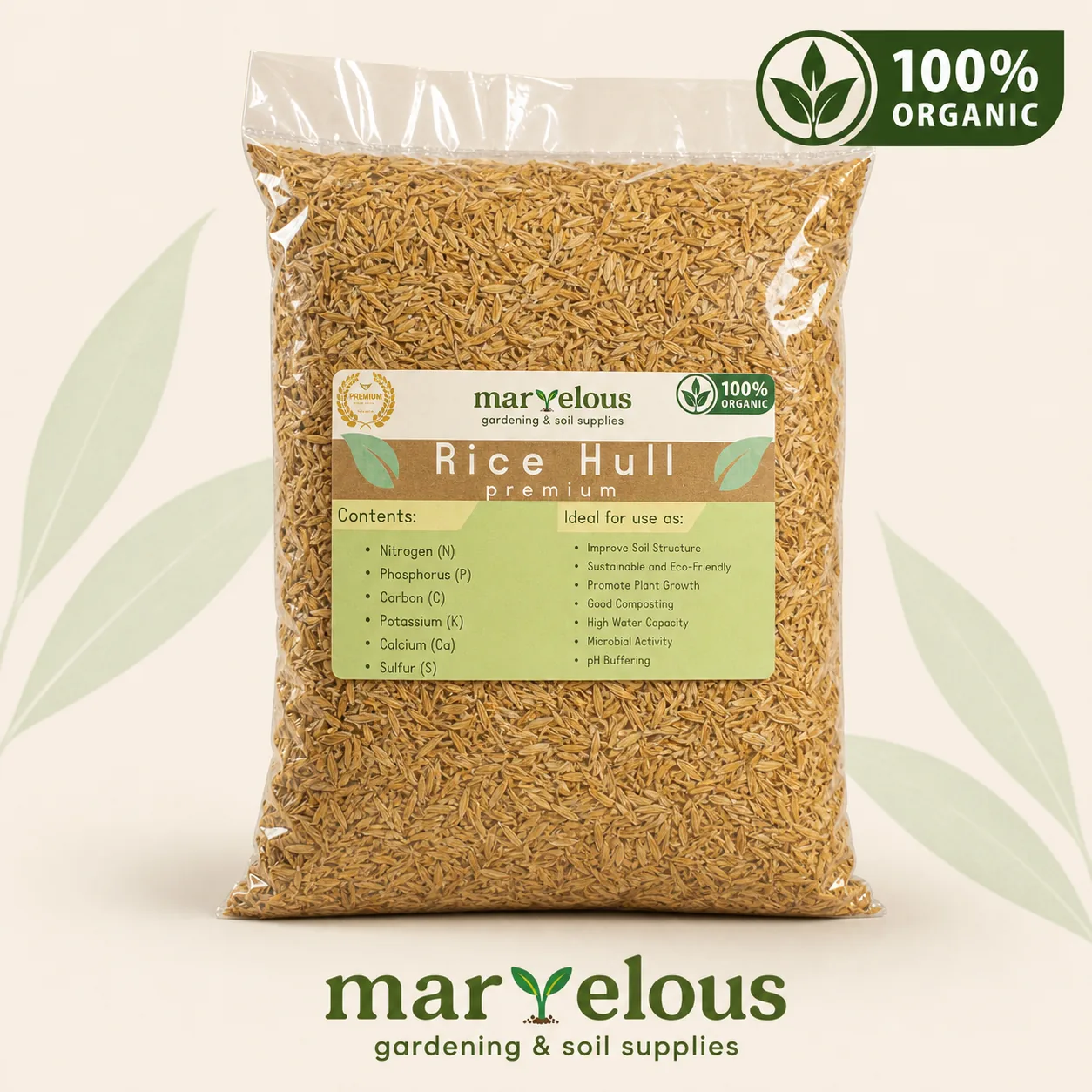 Front view of a 500 g Marvelous Premium Rice Hull pack with the Marvelous Gardening logo